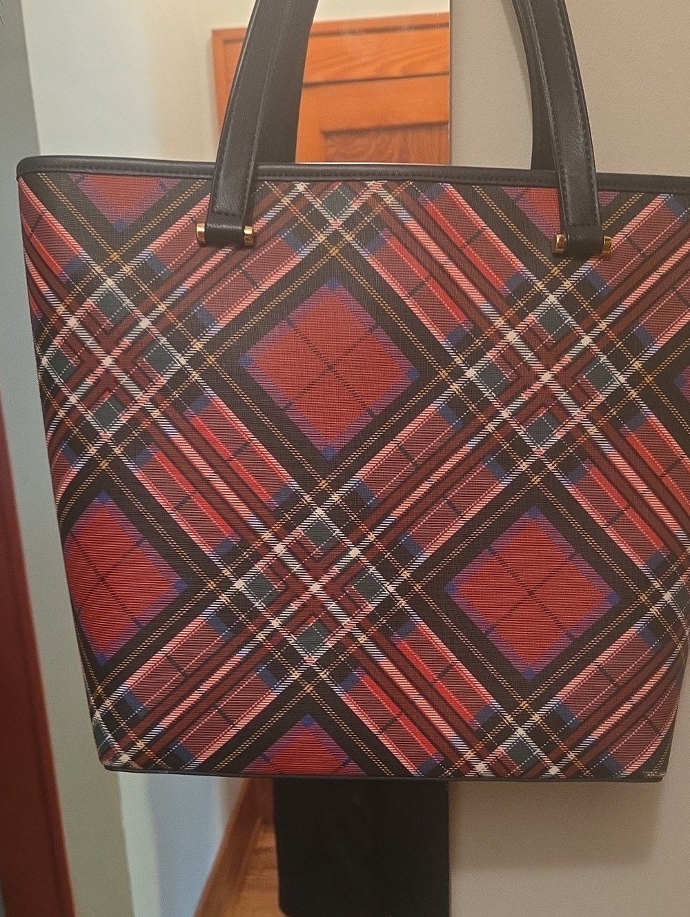 Plaid Red Tote Bag with NAVY Handles
